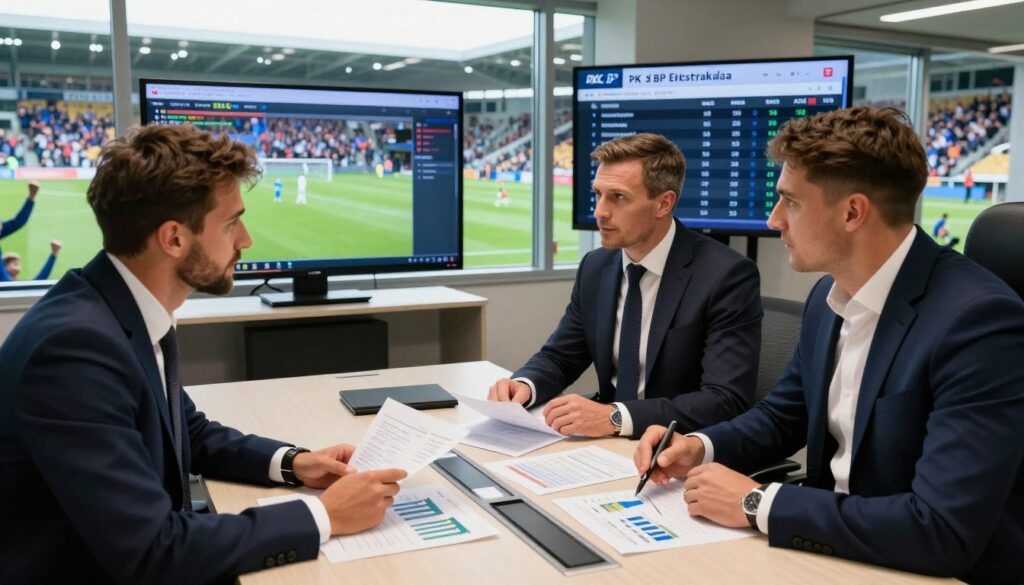 A detailed scene capturing the financial aspects of PKO BP Ekstraklasa football players. In the foreground, a diverse group of three professional football players in sharp, formal business attire discussing statistics, surrounded by papers and charts detailing player salaries and club budgets. In the middle, an office-like setting with a large conference table, and a digital display board showing average salaries and top earners in Ekstraklasa. In the background, a vibrant football stadium visible through a large window, with fans cheering, creating an energetic atmosphere. Soft, natural lighting brightens the room, creating a dynamic contrast between the seriousness of business and the excitement of football. The mood is professional yet optimistic, highlighting the intersection of sports and finance.