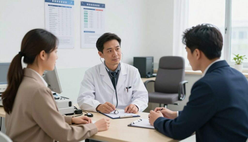 A detailed scene depicting a health assessment for railway workers in a clinic environment. In the foreground, a diverse group of professionals in smart business attire, including a doctor and railway personnel, are engaged in a health evaluation, utilizing medical equipment like a stethoscope and diagnostic tools. The middle ground features medical charts displaying various health metrics, and a comfortable examination room equipped with a desk and medical devices. In the background, soft natural light filters through windows, creating a calm and professional atmosphere. The overall mood is focused and collaborative, highlighting the importance of medical examinations in ensuring the health of railway workers. A detailed scene depicting a health assessment for railway workers in a clinic environment. In the foreground, a diverse group of professionals in smart business attire, including a doctor and railway personnel, are engaged in a health evaluation, utilizing medical equipment like a stethoscope and diagnostic tools. The middle ground features medical charts displaying various health metrics, and a comfortable examination room equipped with a desk and medical devices. In the background, soft natural light filters through windows, creating a calm and professional atmosphere. The overall mood is focused and collaborative, highlighting the importance of medical examinations in ensuring the health of railway workers.
