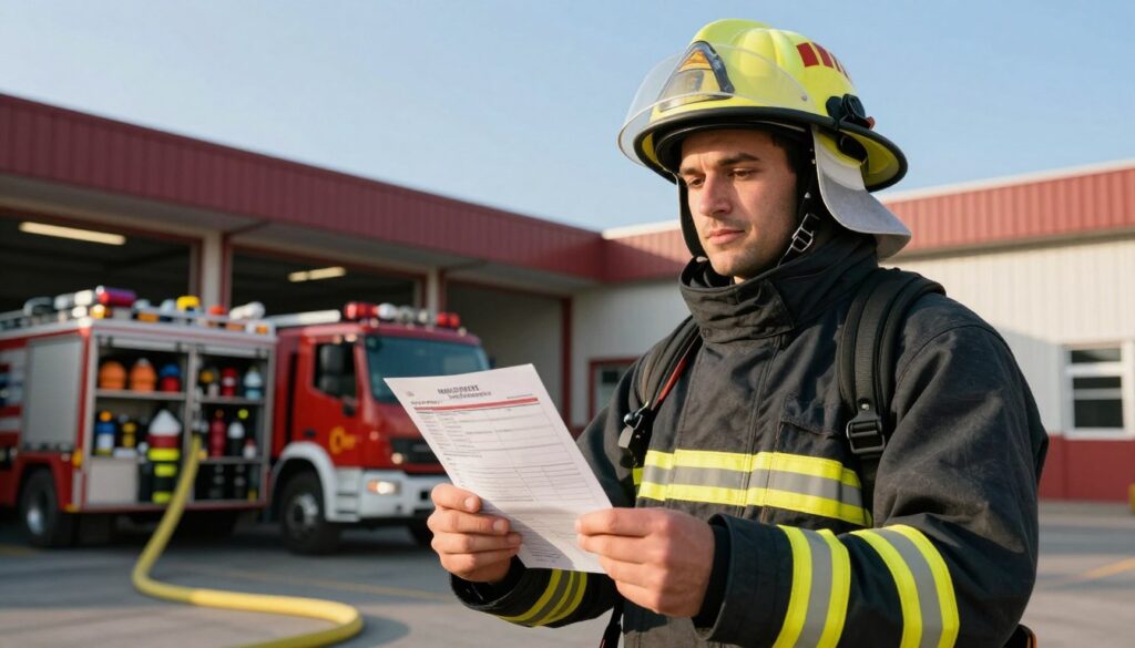 A detailed scene illustrating the remuneration of a firefighter in the State Fire Service. In the foreground, depict a firefighter in professional uniform, standing confidently, wearing a reflective jacket and helmet, examining a payslip or salary chart. The firefighter’s expression should convey pride and professionalism. In the middle ground, show a dynamic representation of firefighting equipment, like hoses and trucks, symbolizing their crucial roles and responsibilities. The background features the fire station with a clear blue sky, emphasizing a sense of duty and community service. Utilize warm, natural lighting to create an inviting atmosphere, captured with a slightly low-angle perspective to highlight the firefighter’s stature and importance in society. The overall mood should be respectful and solemn, reflecting the seriousness of the profession. A detailed scene illustrating the remuneration of a firefighter in the State Fire Service. In the foreground, depict a firefighter in professional uniform, standing confidently, wearing a reflective jacket and helmet, examining a payslip or salary chart. The firefighter’s expression should convey pride and professionalism. In the middle ground, show a dynamic representation of firefighting equipment, like hoses and trucks, symbolizing their crucial roles and responsibilities. The background features the fire station with a clear blue sky, emphasizing a sense of duty and community service. Utilize warm, natural lighting to create an inviting atmosphere, captured with a slightly low-angle perspective to highlight the firefighter’s stature and importance in society. The overall mood should be respectful and solemn, reflecting the seriousness of the profession.
