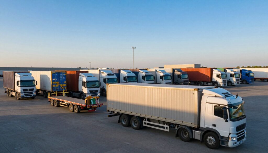 A detailed scene showcasing different types of truck configurations on a bustling international transport terminal. In the foreground, a large, modern transport truck with a streamlined design and spacious cargo area, clearly displaying a mix of colorful freight containers filled with diverse goods. The middle section highlights several other trucks with varying setups, including flatbeds and refrigerated units, each with visible load types. The background features a clear blue sky with a hint of a setting sun casting a warm glow on the scene, creating a dynamic atmosphere. Natural lighting illuminates the trucks, enhancing their metallic surfaces. The composition is framed at a slightly elevated angle, capturing the scale and variety of the transportation industry, emphasizing the role of truck drivers in international logistics.