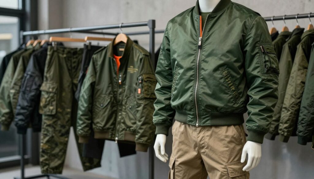 A detailed scene showcasing military apparel inspired by Alpha Industries, with a focus on iconic bomber jackets and practical cargo pants. In the foreground, a mannequin dressed in a sleek, dark green bomber jacket with a signature orange lining, paired with khaki cargo pants. The fabric visibly shows the rugged, high-quality craftsmanship. In the middle ground, various pieces of military clothing hang on industrial-style racks, creating a sense of a bustling retail space. The background features a minimalist urban landscape, with muted colors to emphasize the clothing. Soft, diffused lighting casts gentle shadows, enhancing the texture of the garments. The overall mood is modern and edgy, reflecting the brand’s connection to streetwear and military heritage.