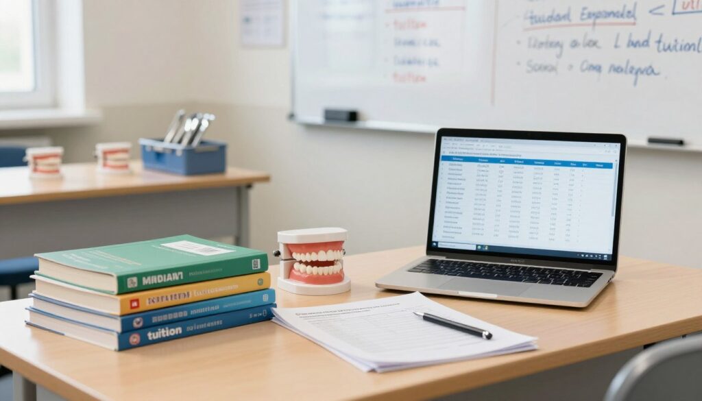 A detailed student desk in a modern dental school setting, showcasing various study materials related to dentistry. In the foreground, a neatly organized stack of textbooks on dental anatomy, alongside a laptop displaying spreadsheets of tuition costs and academic fees. In the middle ground, a well-lit classroom with a whiteboard filled with notes about student expenses, highlighting "tuition" as the starting point. The background features dental models and toolkits, emphasizing the practical side of dental studies. Soft, natural lighting creates a warm and inviting atmosphere, with a slight focus blur on the background to draw attention to the financial materials. The overall mood should convey a sense of seriousness and responsibility regarding the financial aspects of dental education in Poland.