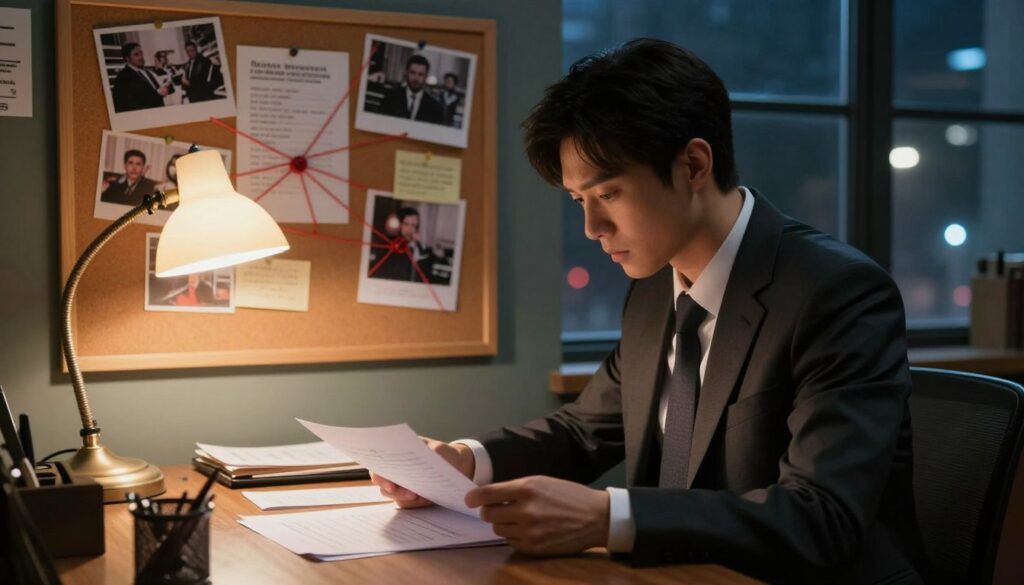 A detective's office scene intricately displayed in a cozy, dimly lit environment. In the foreground, a private investigator in a sharp business suit examines case files on a wooden desk, illuminated by a warm desk lamp casting soft shadows. The middle ground features a corkboard filled with photographs, notes, and red strings connecting various clues, conveying a sense of mystery and investigation. In the background, a window reveals a nighttime cityscape with a faint glow of streetlights, enhancing the atmosphere of intrigue. The image captures a focused yet contemplative mood, emphasizing the analytical nature of detective work, reflecting a blend of professionalism and an air of secrecy.