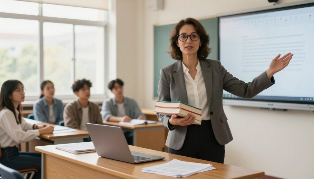 A distinguished female professor standing confidently in a university lecture hall, wearing professional attire, a tailored blazer, and glasses. She holds a stack of books in one hand and gestures towards a digital presentation on a screen. In the foreground, a wooden desk is scattered with academic papers and a laptop, symbolizing her scholarly environment. In the middle ground, students are seated at desks, attentively listening. The background showcases large windows with natural light streaming in, illuminating the room with a warm, inviting glow. The overall mood is one of professionalism, inspiration, and academic dedication, capturing the essence of higher education and teaching. Shot with a 50mm lens to create a soft focus effect, emphasizing the professor as the focal point. A distinguished female professor standing confidently in a university lecture hall, wearing professional attire, a tailored blazer, and glasses. She holds a stack of books in one hand and gestures towards a digital presentation on a screen. In the foreground, a wooden desk is scattered with academic papers and a laptop, symbolizing her scholarly environment. In the middle ground, students are seated at desks, attentively listening. The background showcases large windows with natural light streaming in, illuminating the room with a warm, inviting glow. The overall mood is one of professionalism, inspiration, and academic dedication, capturing the essence of higher education and teaching. Shot with a 50mm lens to create a soft focus effect, emphasizing the professor as the focal point.