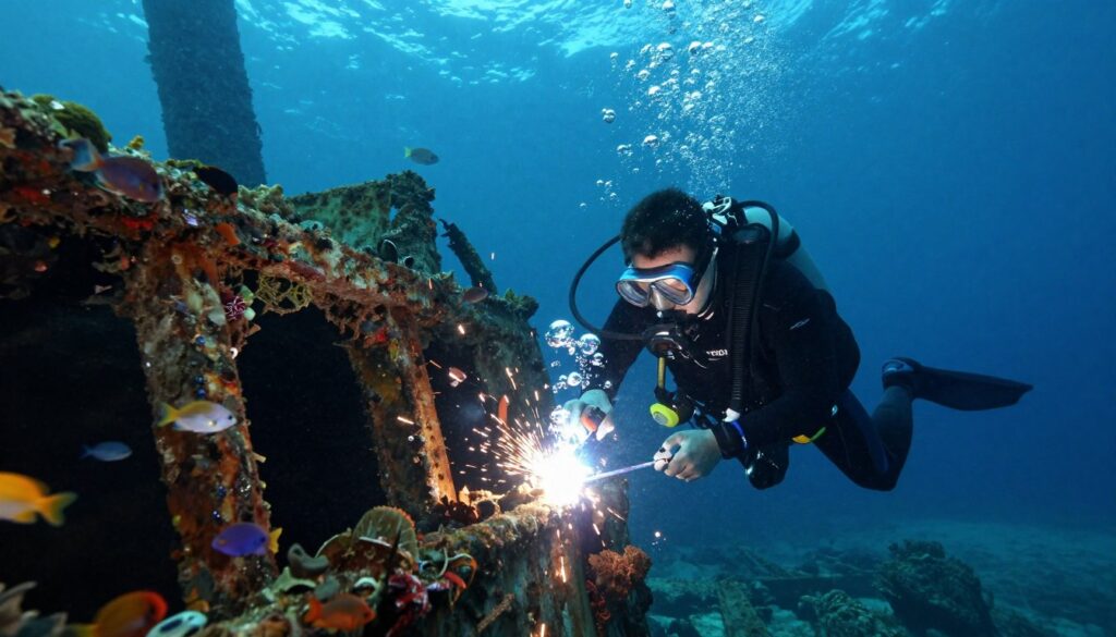 A diver working beneath the ocean's surface, wearing a professional wet suit and safety gear, is focused on underwater welding near a large shipwreck. In the foreground, details of the diver’s equipment, including the welding torch emitting bright sparks and bubbles, enhance the action. The middle ground features the rusted structure of the ship, partially cloaked in marine life, with colorful fish swimming around. The background showcases a serene, dimly lit underwater landscape, with soft, dappled light filtering from the surface above, casting shimmering reflections. The mood captures the blend of danger and calm inherent in underwater work, emphasizing the professional nature of this challenging occupation. A diver working beneath the ocean's surface, wearing a professional wet suit and safety gear, is focused on underwater welding near a large shipwreck. In the foreground, details of the diver’s equipment, including the welding torch emitting bright sparks and bubbles, enhance the action. The middle ground features the rusted structure of the ship, partially cloaked in marine life, with colorful fish swimming around. The background showcases a serene, dimly lit underwater landscape, with soft, dappled light filtering from the surface above, casting shimmering reflections. The mood captures the blend of danger and calm inherent in underwater work, emphasizing the professional nature of this challenging occupation.