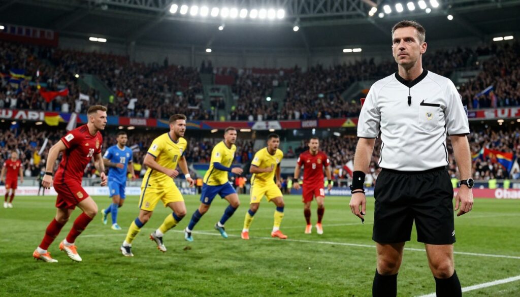 A dramatic and vibrant scene depicting a prestigious football final match, showcasing the excitement and spectacle of top-level sports. In the foreground, a professional referee in a sharp black and white referee uniform, focused and attentive, holds a whistle and gazes towards the pitch with determination. The middle ground features energetic players in colorful team jerseys, engaged in a tense moment of the game, exuding athleticism and passion. The background reveals a packed stadium, filled with cheering fans waving flags and banners, under dazzling floodlights. The atmosphere is electric, capturing the high stakes and emotional intensity of a championship finale, with a shallow depth of field to emphasize the referee and players in action.