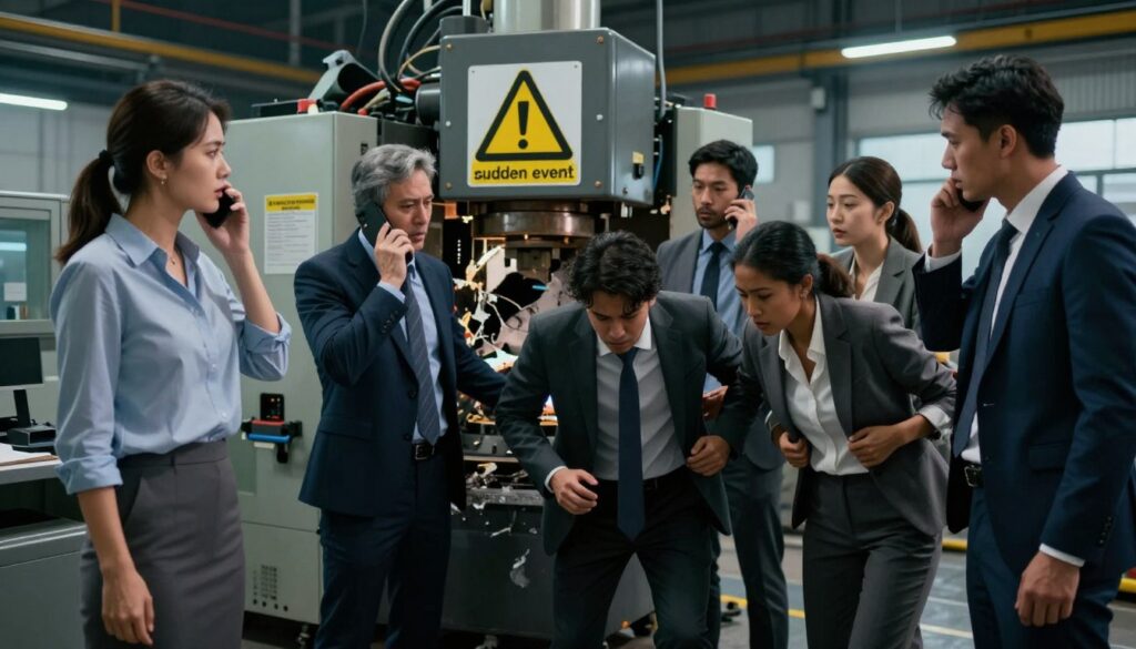 A dramatic scene depicting a workplace accident in an industrial setting. In the foreground, a diverse group of professionals in business attire, looking concerned and engaged in emergency response actions, such as calling for help or assisting an injured colleague. In the middle ground, a machinery malfunction is evident, with a warning sign prominently displayed, illustrating the suddenness of the incident. The background features an indoor factory environment, with safety equipment, machinery, and dim lighting that conveys urgency and tension. The overall atmosphere is serious, emphasizing the concept of a "sudden event" within a workplace. The lighting is stark, casting shadows to highlight the dramatic nature of the situation, while a slightly blurred depth of field focuses on the professionals and the accident scene.