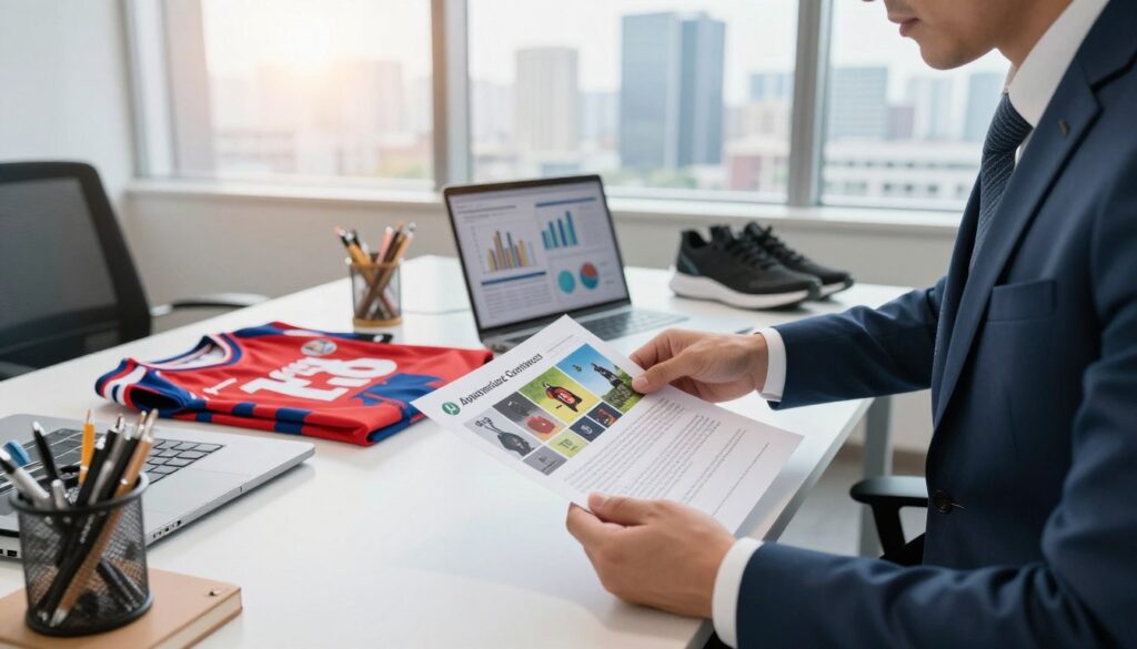 A dynamic and engaging office scene highlighting advertising contracts and sponsorship deals. In the foreground, a professional-looking businessman in a sleek suit is reviewing colorful contracts with images of famous brands, showcasing a mix of sports and lifestyle products. In the middle ground, a modern desk is adorned with stylish stationery, a laptop displaying marketing graphs, and a few branded merchandise items like sports jerseys and footwear. The background features a large window with city skyline views, letting in bright sunlight that creates a warm ambiance. The overall atmosphere conveys success and professionalism, with a subtle air of creativity and opportunity. Focus on clear details and structured composition to reflect corporate dealings in the world of advertising.