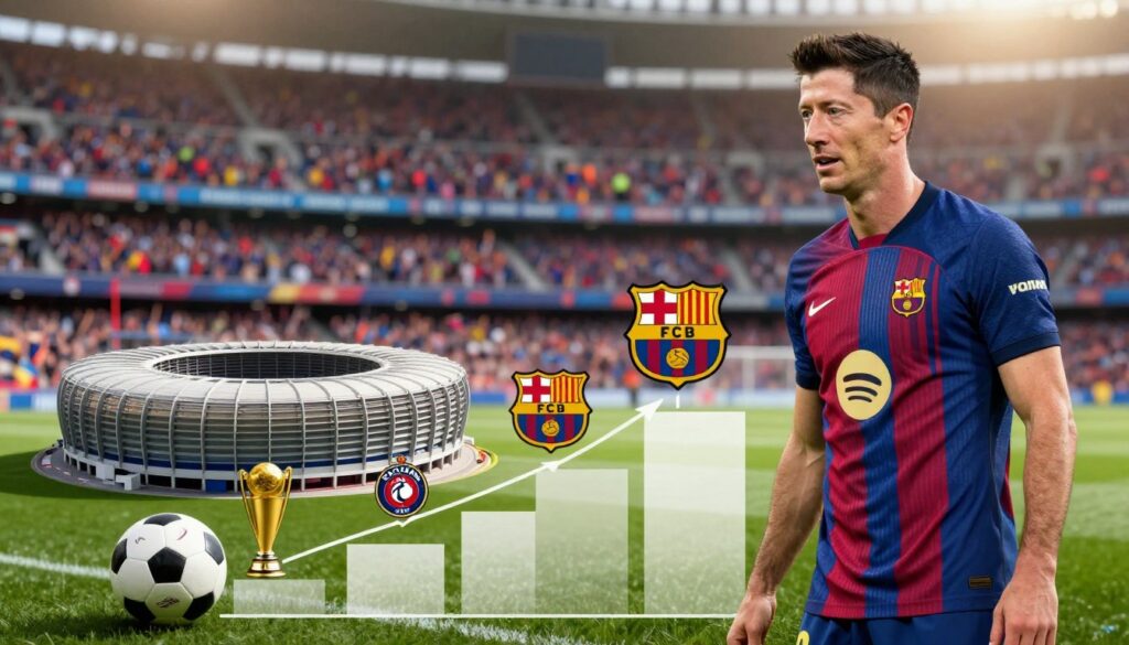 A dynamic composition showcasing Robert Lewandowski's career earnings evolution from Lech Poznań to FC Barcelona. In the foreground, a polished graph illustrating rising wages emboldened with symbols of soccer like a soccer ball and a trophy. The middle ground features recognizable landmarks from Poznań and Barcelona, such as Lech's stadium and the Camp Nou, seamlessly connected to emphasize his journey. The background captures a blurred stadium filled with cheering fans, evoking excitement and energy. Soft, warm lighting creates an inspiring atmosphere, symbolizing ambition and success. Use a wide-angle lens for depth, capturing the essence of progression and achievement in a professional setting. No text or overlays; the focus is purely on the visual narrative of his financial ascent.