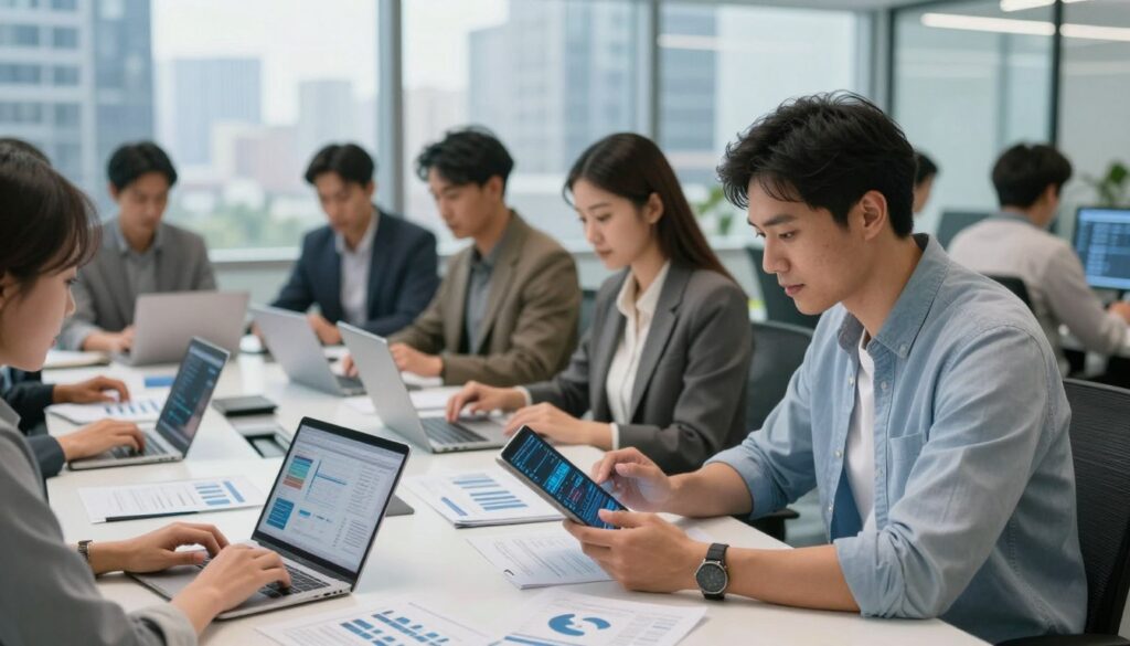 A dynamic office environment showcasing a diverse group of IT professionals engaged in their work. In the foreground, a male software engineer, dressed in smart casual attire, is analyzing data on a tablet while a female data analyst, wearing business attire, reviews charts on a laptop. In the middle, a conference table is filled with documents and laptops, depicting collaboration and brainstorming. In the background, a modern glass window reveals a city skyline, signifying progress and opportunity in the tech industry. Soft, natural lighting filters through the window, creating a bright and optimistic atmosphere. The angle is slightly elevated, providing a comprehensive view of the workspace's vibrancy and collaborative spirit, with a focus on the theme of career growth and salary potential in the IT field.