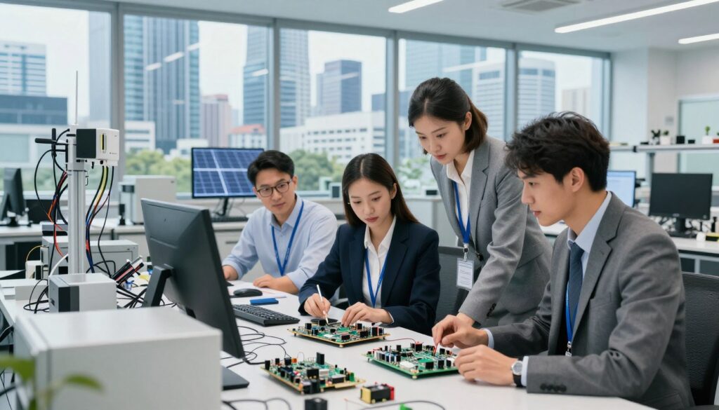 A dynamic, professional scene showcasing various industries where electronics professionals can thrive, capturing the essence of their diverse roles. In the foreground, a group of three electronics engineers in smart business attire collaborates over intricate circuit designs and advanced gadgets on a conference table. The midground features a high-tech lab with modern equipment, illustrating sectors like telecommunications, automotive, and renewable energy. In the background, an office skyline with buildings representing tech companies fills the horizon, under bright, natural lighting that enhances the atmosphere of innovation and opportunity. The image conveys a sense of ambition and professionalism, emphasizing the potential for high earnings in these industries.