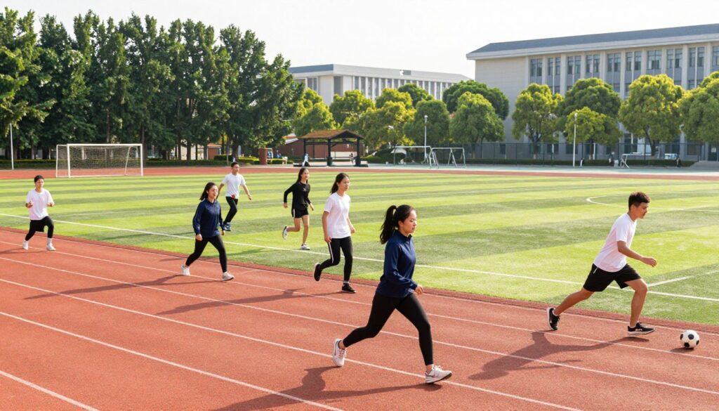 A dynamic scene showcasing university students engaged in various physical activities on a sunny campus day. In the foreground, diverse students in casual athletic wear are participating in activities such as yoga, jogging, and playing soccer, radiating energy and enthusiasm. The middle ground features a well-manicured athletic field with a vibrant track and outdoor sports courts. In the background, tall green trees and modern university buildings create a lively academic atmosphere. The lighting is bright and natural, capturing the warmth of a late afternoon sun. The overall mood is uplifting and motivational, emphasizing the variety of choices in physical activities available to students, reflecting a sense of community and well-being.