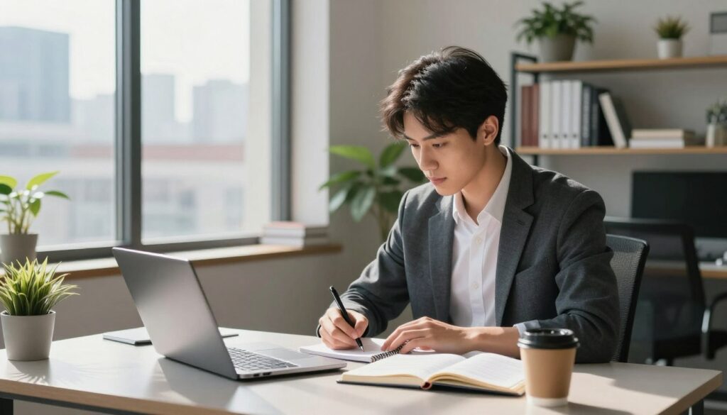 A dynamic workspace that blends study and work, featuring a young professional seated at a sleek desk in a modern office environment. In the foreground, a laptop with open academic materials beside a notepad and coffee cup. The young professional, dressed in smart casual attire, is focused and jotting down notes. In the middle, a large window allows natural light to flood the room, casting soft shadows. Shelves filled with books and plants enhance the academic atmosphere. In the background, a bustling cityscape is visible through the window, symbolizing the balance between professional growth and education. The overall mood is inspirational and productive, capturing the essence of combining work and study effectively.