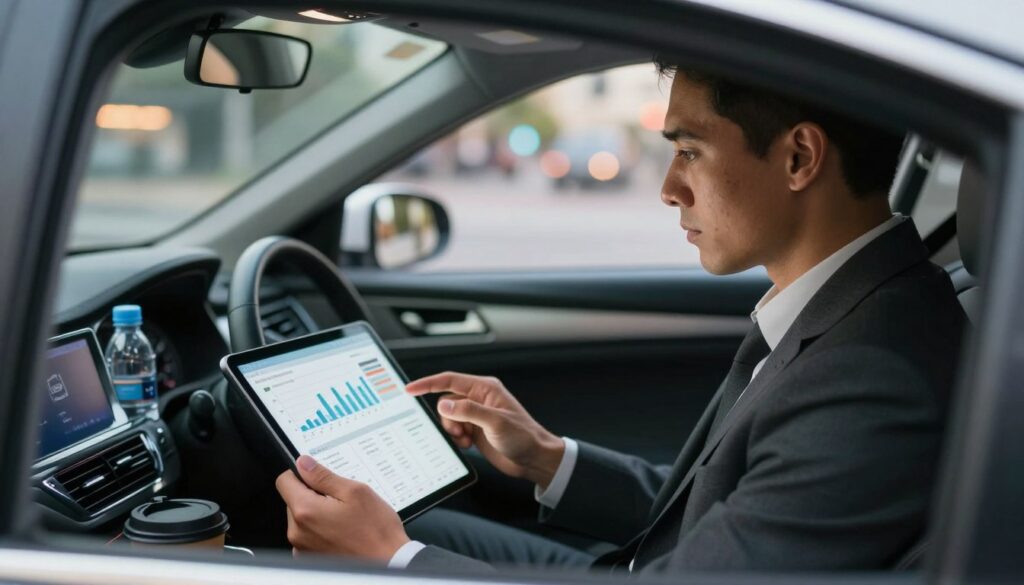 A focused scene illustrating the theme of calculating real earnings for Uber drivers. In the foreground, a motivated driver in professional attire sits in their vehicle, staring intently at a tablet displaying financial graphs and figures. The driver is a person of ambiguous ethnicity, exuding determination. In the middle ground, the interior of the car is elegantly detailed, with a few personal items like a water bottle and a coffee cup. The background features an urban setting with blurred city lights, symbolizing the bustling world outside. The lighting is bright and sharp, simulating daylight, with a slight glow from the tablet’s screen casting a soft light on the driver's face, creating an atmosphere of focus and ambition.