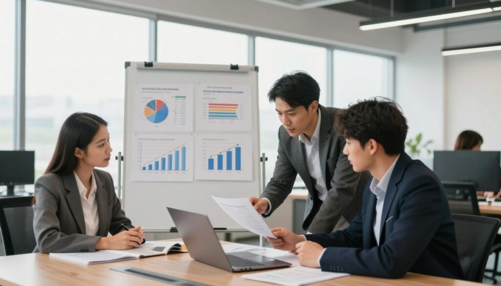 A focused scene in a modern office environment showcasing an electronics professional engaging in a discussion about salary increases. In the foreground, a diverse group of three individuals, dressed in professional business attire, review a document and analyze data on a laptop, conveying a spirit of collaboration. The middle ground features a whiteboard filled with charts and graphs illustrating salary trends in the electronics field. In the background, large windows allow natural light to flood the space, creating a bright and uplifting atmosphere. The overall mood is one of motivation and professionalism, highlighting the importance of skills and employer selection in achieving higher earnings. Use a wide-angle perspective to emphasize the collaborative workspace, with warm, inviting lighting to enhance the professional context.