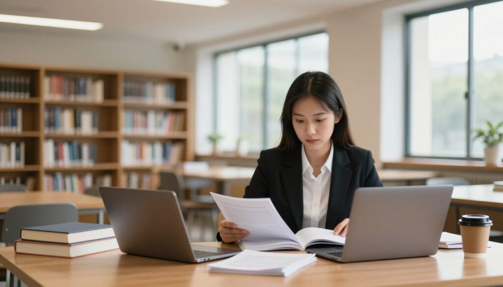 A graduate student studying in a modern university setting, surrounded by books and a laptop on a spacious wooden desk, with notes and a coffee cup scattered around. The foreground features a focused young woman in professional business attire, reviewing her course materials. In the middle ground, shelves filled with academic books line the walls, adding a scholarly atmosphere. The background showcases a large window with soft, natural light streaming in, illuminating the room. The mood is one of concentration and ambition, reflecting the graduate school experience. The image is shot with a focus on the student, using a shallow depth of field to create a warm and inviting atmosphere that emphasizes the importance of higher education.