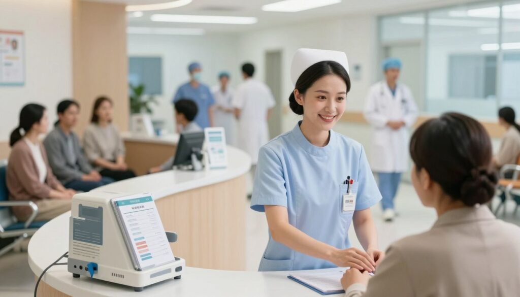 A healthcare scene contrasting a clinic and a hospital. In the foreground, a nurse in professional attire is attending to a patient in a modern clinic setting, with medical equipment neatly arranged. The nurse has a caring expression, showcasing a warm atmosphere. In the middle ground, a reception desk displays clinic brochures, and a waiting area filled with patients sitting calmly. In the background, softly blurred, a hospital setting with a busy corridor and doctors in scrubs, illustrating a more hectic environment. The lighting is bright and inviting in the clinic, while the hospital has a more clinical and sterile feel. Emphasize the differences in ambiance and activity levels between the two settings. Aim for a balanced composition that highlights the nurse's role in both environments.