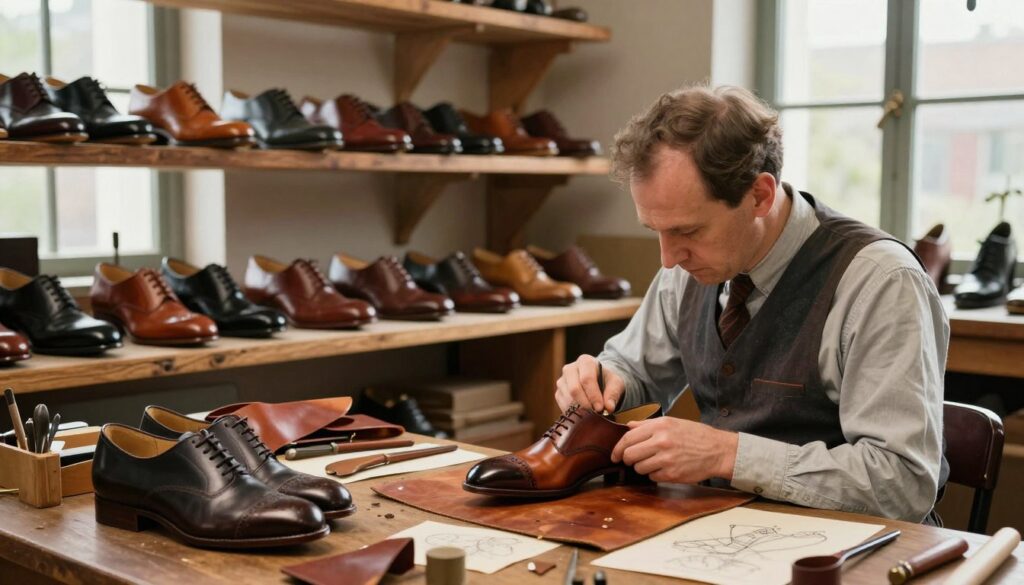 A historic workshop setting showcasing the evolution of Bugatti shoes since 1928. In the foreground, a craftsman in professional attire skillfully working on a stylish shoe, surrounded by traditional leather, tools, and sketches. The middle ground features an array of vintage Bugatti shoes displayed on wooden shelves, emphasizing their rich craftsmanship and design evolution. The background is a softly lit workshop filled with rustic wooden beams and large windows allowing natural light to stream in, creating a warm and inviting atmosphere. The mood is nostalgic yet inspiring, reflecting a blend of tradition and modernity in footwear design. The image should be vibrant, highlighting the textures of leather and the artistry involved in shoemaking. A historic workshop setting showcasing the evolution of Bugatti shoes since 1928. In the foreground, a craftsman in professional attire skillfully working on a stylish shoe, surrounded by traditional leather, tools, and sketches. The middle ground features an array of vintage Bugatti shoes displayed on wooden shelves, emphasizing their rich craftsmanship and design evolution. The background is a softly lit workshop filled with rustic wooden beams and large windows allowing natural light to stream in, creating a warm and inviting atmosphere. The mood is nostalgic yet inspiring, reflecting a blend of tradition and modernity in footwear design. The image should be vibrant, highlighting the textures of leather and the artistry involved in shoemaking.