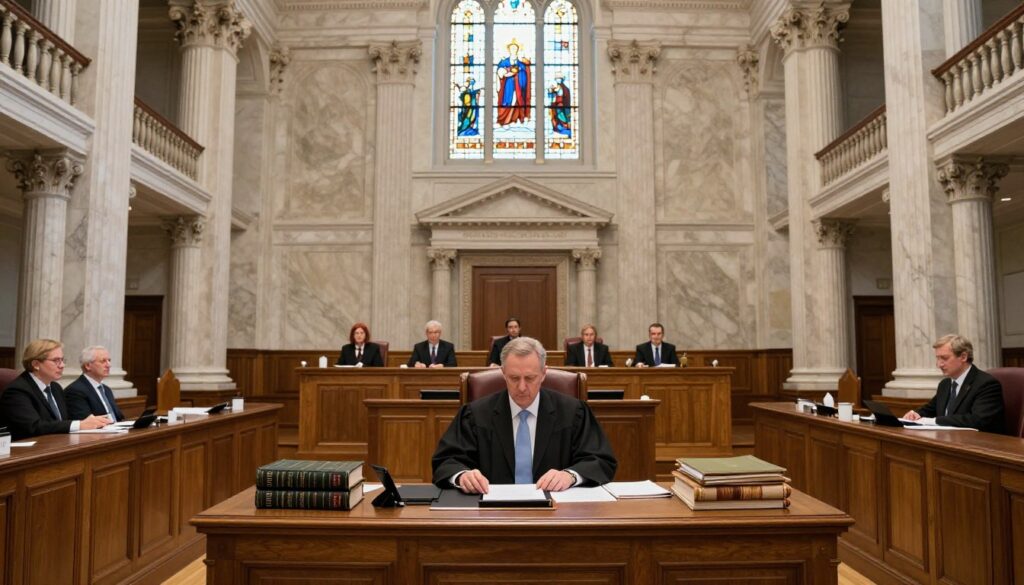 A majestic courtroom scene depicting the Supreme Court of Poland, showcasing an imposing architectural structure with grand columns and intricate details. The foreground features a dignified judge in professional business attire, sitting at the central desk, surrounded by law books and documents. The judge appears focused and authoritative, embodying the gravity of the judicial role. In the middle ground, a panel of silent, attentive court members and an audience can be subtly included to enhance the atmosphere of respect and seriousness. The background reveals large stained glass windows casting ethereal light across the room, creating a solemn yet inspiring mood. The lighting is soft and natural, emphasizing the marble accents and the rich wood tones of the courtroom. A wide-angle shot captures the entire scene, conveying the importance of the judiciary system.