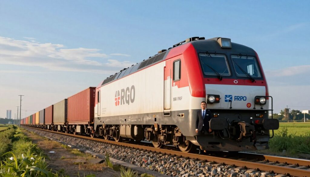A modern PKP Cargo freight train traveling along an international route, showcasing a powerful locomotive pulling several freight cars loaded with cargo containers. In the foreground, a train conductor dressed in professional business attire stands next to the train, looking confidently towards the camera. In the middle ground, the train speeds past industrial landmarks and green fields, creating a dynamic sense of movement. The background features a clear blue sky with soft clouds, typical of an early morning setting, bathed in warm sunlight that enhances the scene's vibrant colors. Capture the essence of the logistics industry and the professionalism of railway workers, ensuring the atmosphere reflects a sense of efficiency and teamwork in the transportation sector.