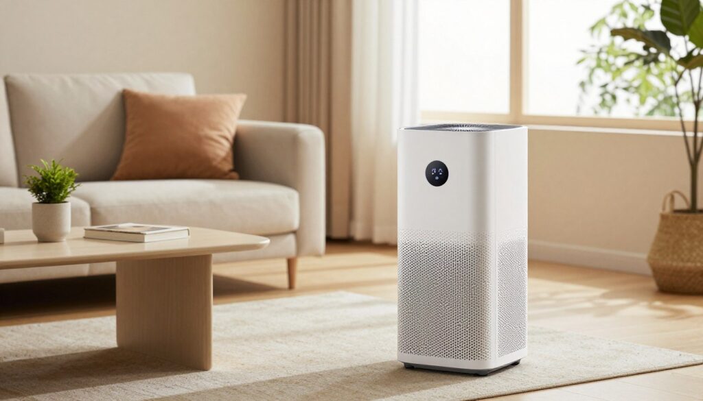 A modern air purifier placed in a stylish, minimalistic living room. In the foreground, the cylindrical air purifier features a sleek design with a digital display and touch controls, showcasing its advanced technology. The middle ground includes a cozy sofa adorned with soft pillows and a small coffee table topped with a plant and a book, adding warmth to the space. In the background, a large window allows natural light to filter through, illuminating the room and highlighting the air purifier as a focal point. The atmosphere is tranquil and inviting, conveying a sense of fresh air and tranquility, perfect for a home environment. The lighting is soft and evenly distributed, enhancing the modern aesthetic of the scene.