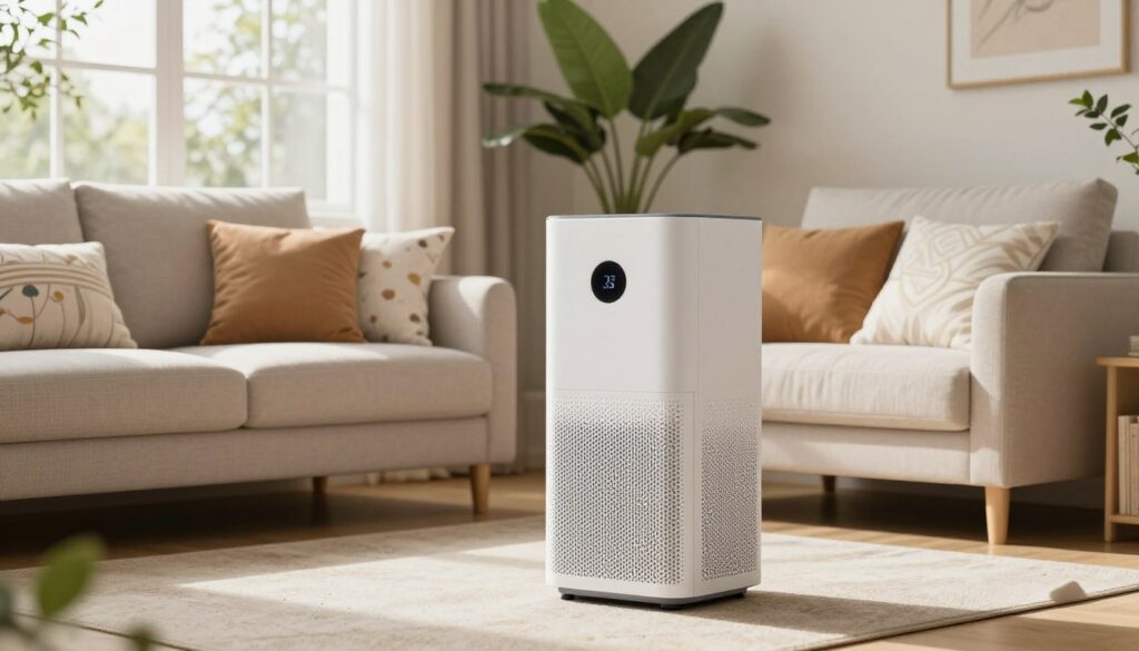 A modern air purifier, sleek and stylish, placed prominently in a well-lit living room. The foreground features the air purifier, showcasing its elegant design with a smooth white surface and a digital display. In the middle ground, a cozy sofa adorned with decorative cushions complements the refreshing ambiance. A potted plant adds a touch of nature, symbolizing clean air. The background reveals a large window with sunlight filtering in, illuminating the room with a warm, inviting glow. The atmosphere is calm and serene, emphasizing the importance of clean air in home environments. The scene is balanced, capturing both functionality and aesthetics, with a focus on the air purifier as the centerpiece.