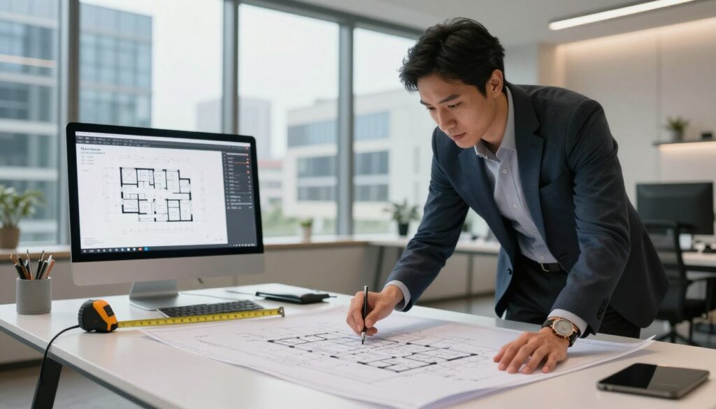 A modern architectural workspace showcasing an architect reviewing project plans for a building layout. In the foreground, a stylish, well-dressed architect, focused and engaged, is examining a blueprint laid out on a sleek table. In the middle, intricate diagrams and digital designs reflect various project pricing per square meter, with a measuring tape and tools suggesting precision. The background features large windows letting in natural light, framing a cityscape of contemporary buildings, symbolizing growth and opportunity. The atmosphere is professional and inspiring, conveying a sense of creativity and expertise. Soft, warm lighting enhances the productivity feel, captured with a slight depth of field to emphasize the architect's concentration.