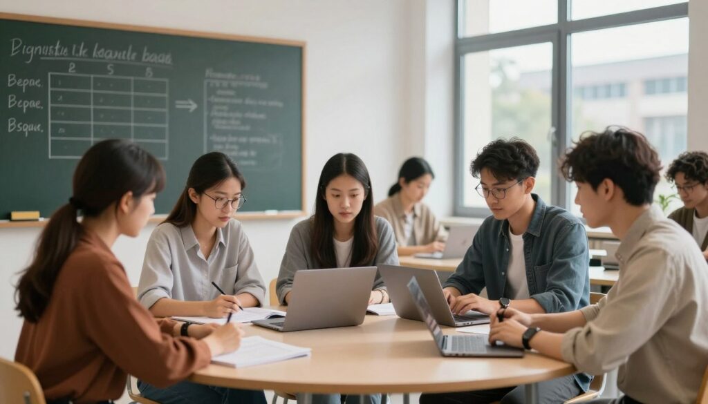 A modern classroom setting emphasizing the contrast between traditional and distance learning. In the foreground, a diverse group of students, including a young woman with glasses and a man with a laptop, engage in a collaborative study session at a round table, dressed in professional casual attire. The middle ground features a large chalkboard with diagrams illustrating study schedules for daytime versus evening classes. In the background, large windows let in soft, natural light illuminating the room, hinting at a university campus outside. The atmosphere is focused and academic, capturing the essence of higher education costs and organization in Poland, with a sense of productivity and collaboration. The image should be realistic, with a slight depth of field effect to emphasize the students while softening the background.