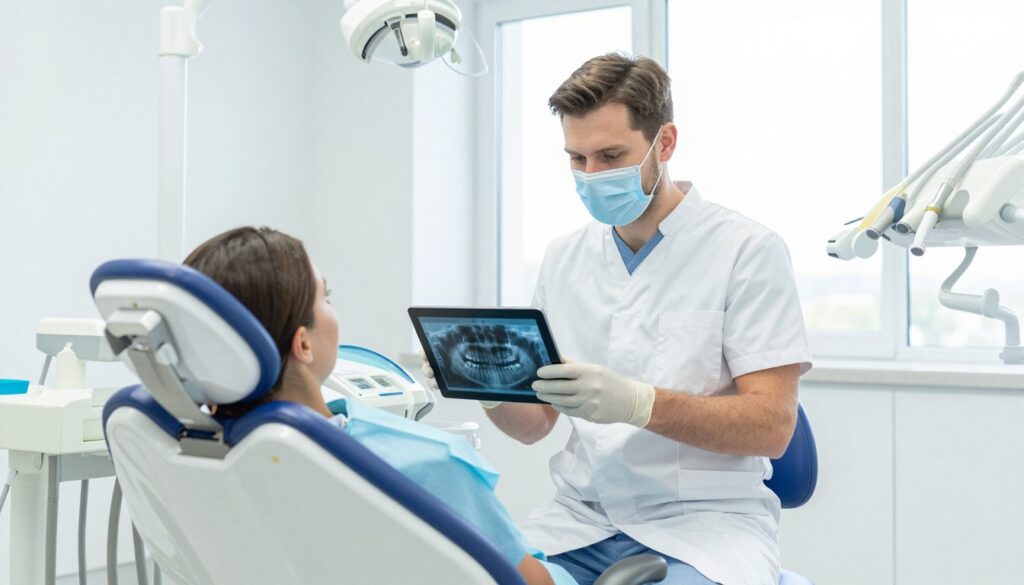 A modern dental clinic interior where a dentist in professional attire is working at a workstation. The dentist, a Caucasian male with short hair, is examining a patient's dental X-ray on a digital tablet. The background features sleek dental equipment, bright white walls, and large windows allowing natural light to flood the space, creating a bright and clean atmosphere. In the foreground, a dental chair is positioned with a blue cover, emphasizing the clinical environment. Soft, focused lighting illuminates the dentist's face, highlighting his concentration and professionalism. The overall mood is one of competence and care, reflecting the profession's importance. No people other than the dentist, and the image should be devoid of any text or branding elements.