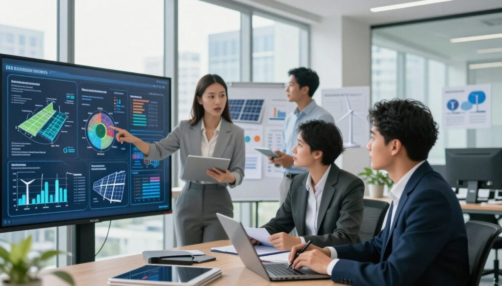 A modern energy services company office setting, showcasing a team of diverse professionals in business attire collaborating over a large digital screen that displays renewable energy solutions. In the foreground, capture a focused woman pointing at complex diagrams of energy systems, while a man takes notes on a laptop. The middle ground reveals colleagues brainstorming, surrounded by charts and models of solar panels and wind turbines. In the background, large windows reveal a bright, sunlit cityscape, symbolizing sustainability. The mood is dynamic and innovative, emphasizing teamwork and high-tech energy solutions. Soft, natural lighting enhances a productive atmosphere, with a slightly blurred focus to add depth.