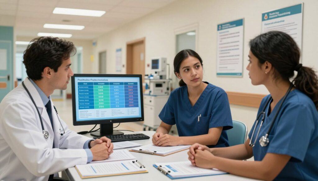 A modern hospital setting that portrays the concept of health care funding and salaries for medical residents. In the foreground, a diverse group of three medical residents in professional attire, including a male resident in a white coat and two female residents in smart scrubs, are engaged in a discussion around a table cluttered with medical journals and salary charts. The middle foreground features a digital display projecting salary averages and health funding statistics. The background shows a well-lit hospital corridor with medical equipment and informational posters on health care policies. Soft, warm lighting enhances a professional atmosphere, suggesting focus and collaboration while evoking the seriousness of their discussions.
