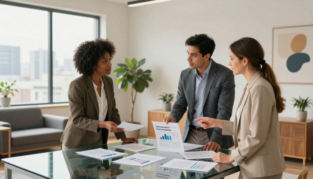 A modern, inviting office space filled with professionals discussing financial solutions, showcasing a group of three diverse individuals (a Black woman, a Hispanic man, and a Caucasian woman) in business attire. They stand around a sleek glass table covered with documents and charts illustrating safe loan alternatives. Warm, natural lighting floods the room, highlighting a minimalist design with potted plants and abstract wall art in the background. A large window offers a view of a city skyline, symbolizing financial growth and stability. The atmosphere is collaborative and focused, evoking a sense of trust and professionalism in the realm of finance. The image captures the essence of safe financial alternatives to quick cash loans, without any text or distractions.