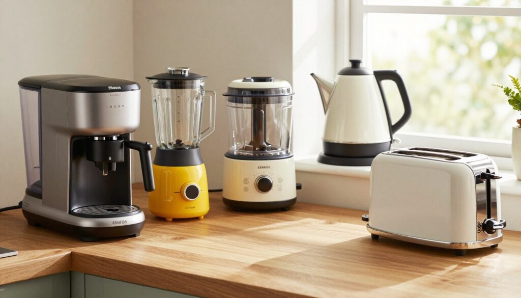 A modern kitchen setting featuring an array of small household appliances from the brand 4Swiss. In the foreground, a sleek coffee maker, a vibrant blender, and a stylish toaster are well arranged on a wooden countertop. In the middle ground, a compact food processor and an elegant electric kettle complement the scene, showcasing their trendy designs and functionality. The background displays a bright window with soft natural light filtering in, enhancing the warm atmosphere. The camera angle is slightly above the countertop, providing a clear view of the appliances, creating an inviting and contemporary feel. The overall mood is fresh and inspiring, perfect for illustrating high-quality kitchen gadgets that enhance daily life. A modern kitchen setting featuring an array of small household appliances from the brand 4Swiss. In the foreground, a sleek coffee maker, a vibrant blender, and a stylish toaster are well arranged on a wooden countertop. In the middle ground, a compact food processor and an elegant electric kettle complement the scene, showcasing their trendy designs and functionality. The background displays a bright window with soft natural light filtering in, enhancing the warm atmosphere. The camera angle is slightly above the countertop, providing a clear view of the appliances, creating an inviting and contemporary feel. The overall mood is fresh and inspiring, perfect for illustrating high-quality kitchen gadgets that enhance daily life.
