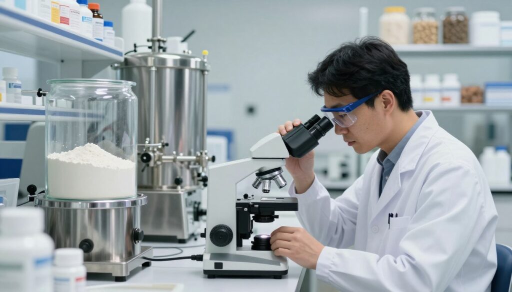 A modern laboratory setting showcasing high-quality supplement production. In the foreground, a scientist wearing a white lab coat and safety glasses is meticulously examining a sample of powder with a microscope. The middle ground features advanced equipment like large glass containers and stainless steel machinery, symbolizing precision in manufacturing. The background displays shelves filled with labeled bottles and raw ingredients, reflecting an organized and professional facility. Soft, bright lighting illuminates the scene, creating a clean and sterile atmosphere. A slight depth of field effect brings focus to the scientist, emphasizing attention to detail and quality assurance processes in supplement production. The image conveys trust, safety, and the highest standards in the production of dietary supplements.