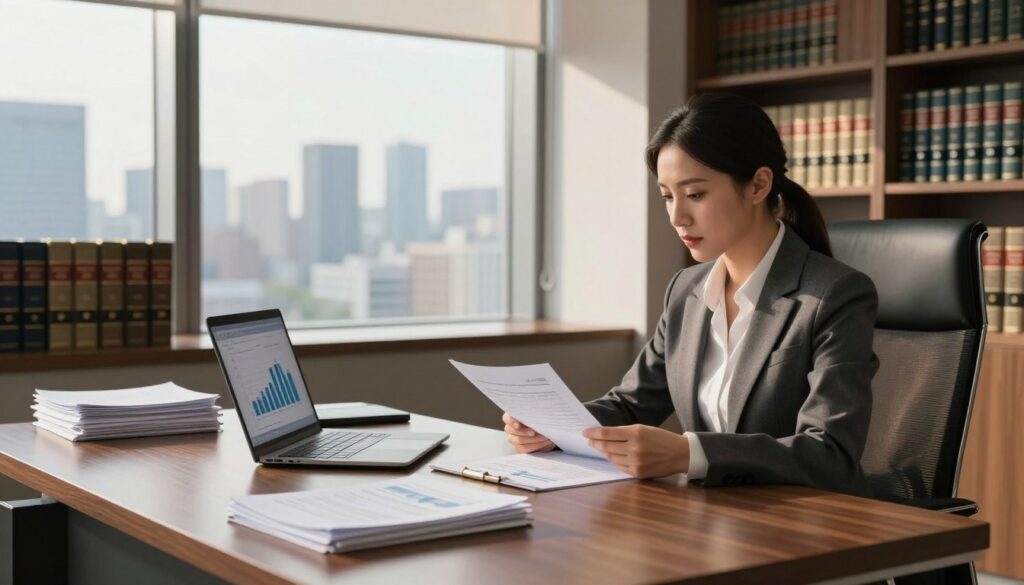 A modern law office interior with a sleek, professional design that reflects an atmosphere of stability and focus. In the foreground, a polished wooden desk with legal documents neatly stacked and a laptop open, showing graphs and charts about income comparison. To the side, a well-dressed female lawyer in a tailored suit, thoughtfully reviewing documents. In the middle, a large window revealing a city skyline bathed in soft afternoon sunlight, casting gentle shadows. Shelves filled with law books line the background, creating a sense of authority and knowledge. The overall mood is one of professionalism and ambition, highlighting the contrast between working in a law firm and running a personal practice. Soft, natural lighting enhances the clarity and warmth of the scene.