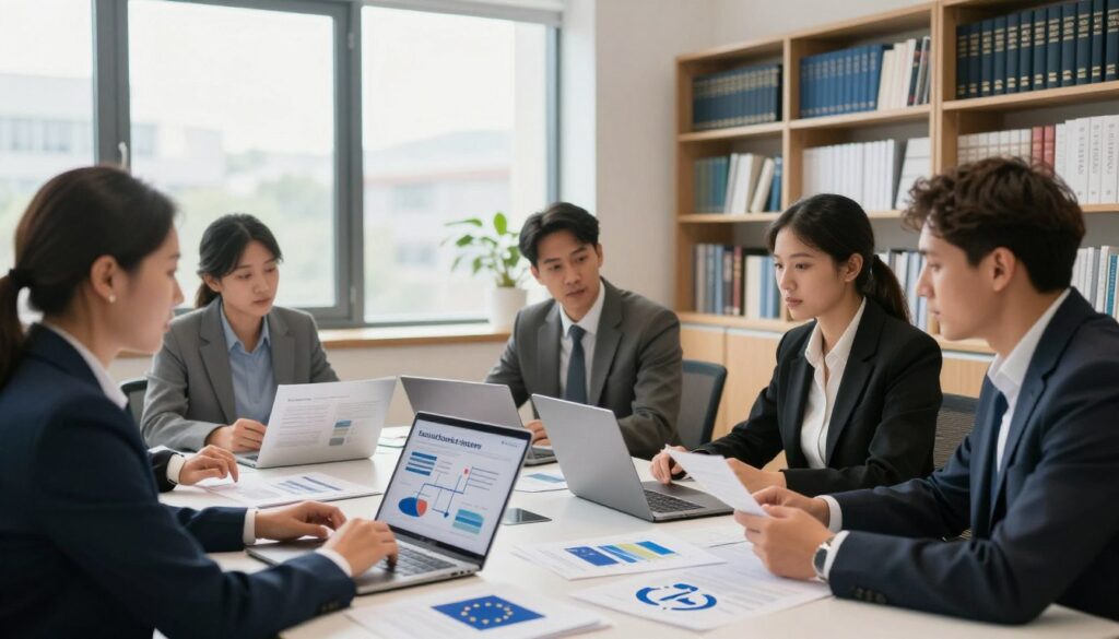 A modern office setting depicting the coordination of social security systems within the EU, EEA, and EFTA. In the foreground, a diverse group of professionals in business attire is engaged in a collaborative discussion around a table filled with documents and laptops, showcasing charts and flow diagrams about social security frameworks. The middle ground features large windows allowing natural light to flood the room, creating a productive atmosphere. In the background, sleek bookshelves filled with legal texts and research papers on social security regulations. The lighting is bright yet soft, casting warm tones that enhance a sense of teamwork and professionalism. The overall mood conveys efficiency and collaboration, underscoring the complexities of social security coordination in practice.