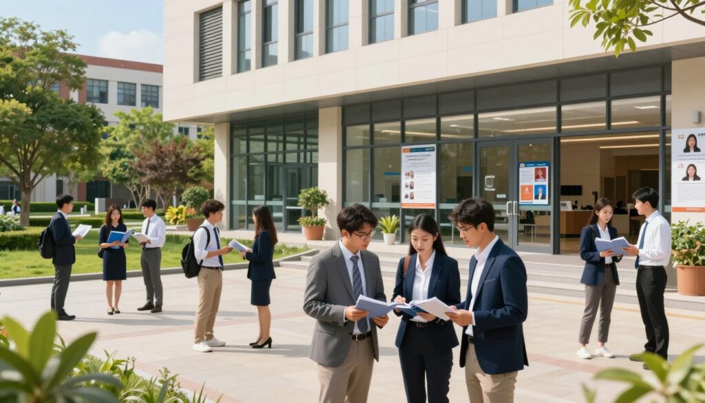 A modern private veterinary university campus bustling with students and professionals. In the foreground, a group of diverse, well-dressed students in business attire discuss study materials, looking engaged and enthusiastic. The middle ground features a contemporary building with large glass windows showcasing an open lobby, filled with posters about veterinary programs and student achievements. The background displays lush green landscaping, trees, and a clear blue sky, conveying a bright and inviting atmosphere. Soft, natural lighting enhances the scene, creating a warm and welcoming mood. The angle is slightly elevated, capturing both the people and architecture, emphasizing the vibrancy of academic life in veterinary studies.