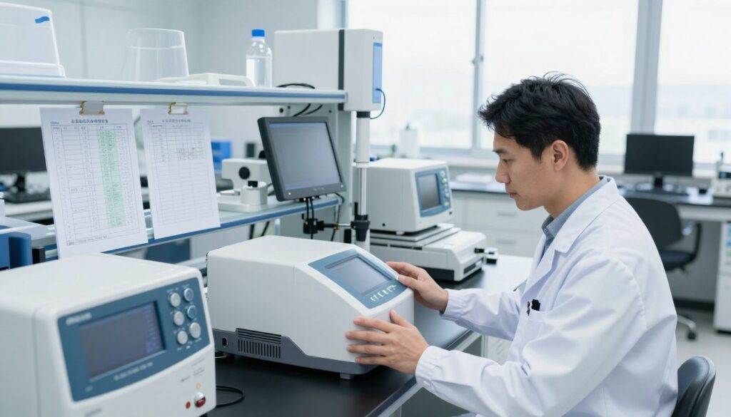 A modern quality assurance lab interior focusing on testing equipment and safety measures. In the foreground, a technician in professional attire is carefully examining a sleek Adler appliance, with a look of concentration on their face. The middle ground features various high-tech testing devices, surrounded by charts and quality control reports highlighting results. The background shows a clean, organized workspace with bright, natural lighting coming through large windows, creating an atmosphere of precision and trust. The overall mood conveys professionalism and reliability, reflecting the commitment to quality and customer safety that Adler upholds. The angle is slightly elevated, giving a comprehensive view of the lab while keeping the technician in sharp focus.