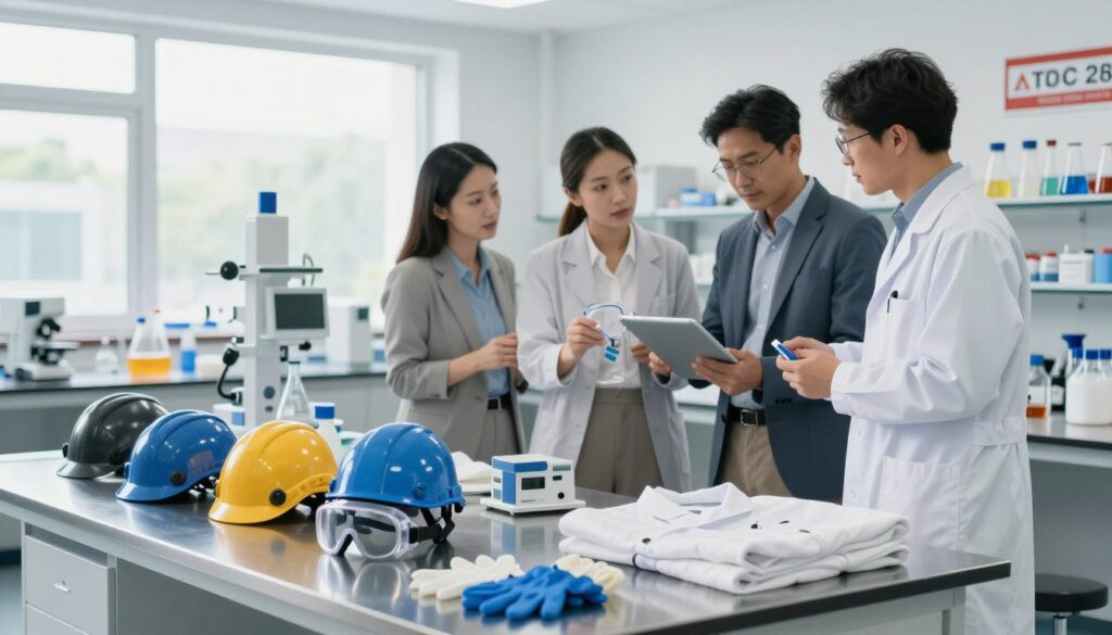A modern university laboratory setting focused on personal protective equipment (PPE) for safety and health. In the foreground, display various PPE items like helmets, goggles, gloves, and lab coats artfully arranged on a clean, stainless steel table. In the middle ground, show a diverse group of three professionals (two men and one woman) dressed in professional business attire, inspecting safety equipment and discussing best practices with expressions of concentration. In the background, include shelves stocked with scientific materials and safety signage to emphasize a secure learning environment. Soft, natural lighting streams through large windows, creating a bright and optimistic atmosphere, with a slight depth of field effect to draw attention to the foreground. A modern university laboratory setting focused on personal protective equipment (PPE) for safety and health. In the foreground, display various PPE items like helmets, goggles, gloves, and lab coats artfully arranged on a clean, stainless steel table. In the middle ground, show a diverse group of three professionals (two men and one woman) dressed in professional business attire, inspecting safety equipment and discussing best practices with expressions of concentration. In the background, include shelves stocked with scientific materials and safety signage to emphasize a secure learning environment. Soft, natural lighting streams through large windows, creating a bright and optimistic atmosphere, with a slight depth of field effect to draw attention to the foreground.