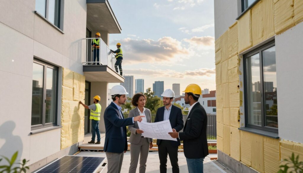 A modern urban residential building undergoing thermal modernization, showcasing a mix of sleek insulation materials and vibrant colors. In the foreground, a diverse team of professionals in smart business attire discussing project plans, pointing at energy-efficient windows and exterior walls being upgraded. The middle ground features workers skillfully applying insulation and solar panels, emphasizing sustainability and innovation. The background shows a city skyline bathed in soft daylight, with clouds reflecting the warm hues of a late afternoon sun. The atmosphere is one of teamwork and progress, with a focus on eco-friendly architecture and energy efficiency. Use natural lighting for a bright, hopeful mood, and wide-angle perspective to capture the entire scene.