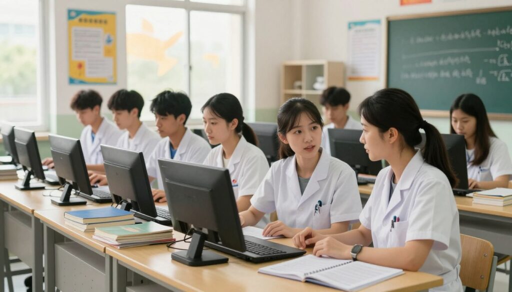 A modern vocational school classroom, filled with diverse students engaged in various practical activities, such as computer technology and healthcare training. In the foreground, a young woman in professional attire is discussing with a teacher, surrounded by books and learning materials. In the middle, a group of students collaborates on a project using laptops and other educational tools, showing a dynamic learning environment. In the background, large windows let in warm, natural light, illuminating educational posters and a chalkboard filled with notes. The atmosphere is focused yet encouraging, symbolizing the importance of alternative education paths in relation to professional development. Use a soft focus with bright, inviting colors to enhance the sense of opportunity and growth.