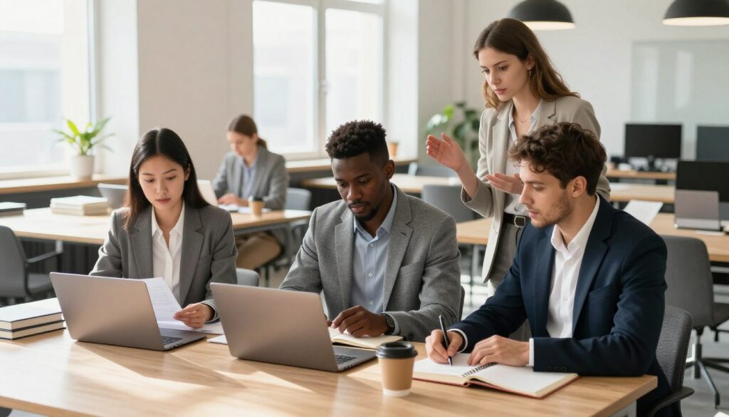 A modern workspace depicting individuals balancing work and study. In the foreground, a diverse group of three young professionals dressed in smart business attire: a woman of Asian descent reviewing documents on her laptop, a man of African descent typing notes in a notebook, and a woman of European descent discussing ideas with her peers. In the middle ground, a large communal table with books, laptops, and coffee cups, showcasing a collaborative environment. The background features a bright, airy office space with large windows, letting in natural light. The mood is focused yet vibrant, reflecting determination and productivity. Ambient light casts soft shadows, enhancing the sense of an engaging learning atmosphere.