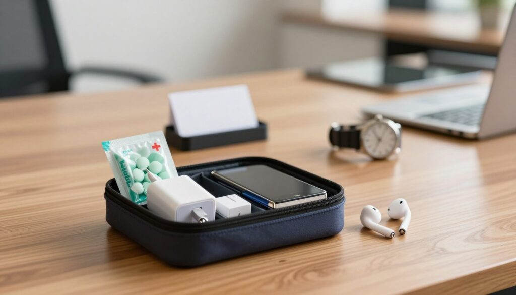 A neatly arranged mini emergency kit set on a polished wooden desk, exuding professionalism and preparedness. In the foreground, include a compact organizer filled with essential items like mints, a small notebook, a pen, a phone charger, and a pair of noise-canceling earbuds. The middle ground showcases a soft-focus business card holder and a stylish watch, symbolizing punctuality. In the background, a subtle blurred office environment with warm, natural lighting creating an inviting atmosphere. The scene conveys a sense of calm and readiness, ideal for a job interview scenario, with an overall mood of confidence and organization. Use a shallow depth of field to emphasize the mini kit while gently blurring the background.