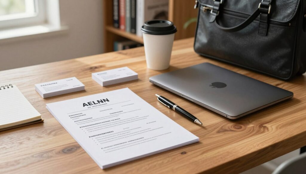 A neatly arranged workspace featuring essential job interview materials on a polished wooden desk. In the foreground, a professional resume printed on high-quality paper lies next to a sleek, closed laptop with a notepad and a stylish pen. The middle ground showcases a coffee cup, a briefcase, and business cards, all exuding a sense of preparation and professionalism. In the background, a well-organized bookshelf filled with career development books adds depth. Soft, natural lighting filters in from a nearby window, casting gentle shadows and creating a warm, inviting atmosphere. The composition should convey confidence and readiness, emphasizing the importance of being well-prepared for a job interview, without any people present in the scene.