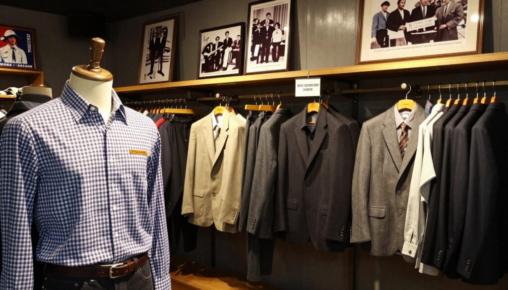 A nostalgic scene depicting the evolution of Ben Sherman since 1963, set in a stylish clothing boutique. In the foreground, a well-dressed mannequin showcases a classic Ben Sherman shirt, featuring its iconic check pattern. In the middle, various vintage and contemporary Ben Sherman apparel hang on elegantly arranged racks, including tailored suits and casual wear, each reflecting unique styles over the decades. The background features a retro-inspired wall displaying framed photographs and posters showcasing the brand's history and milestones, with dim ambient lighting creating a warm, inviting atmosphere. The angle captures a wide view, allowing the essence of the brand's journey to shine through, evoking a sense of nostalgia and sophistication.