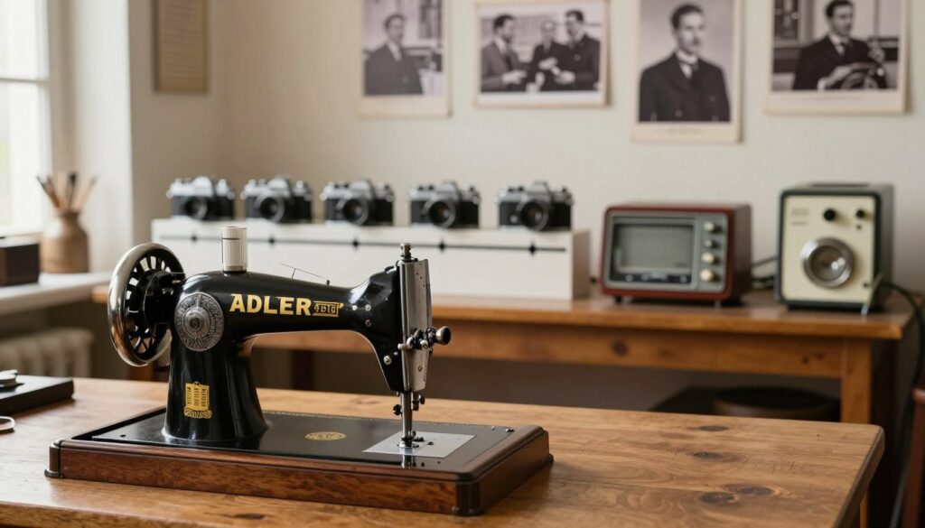 A nostalgic scene representing the history and product roots of the Adler brand. In the foreground, an antique Adler sewing machine is proudly displayed, adorned with intricate detailing and a polished wooden finish, symbolizing craftsmanship. The middle ground features a timeline of notable Adler products, including classic cameras and various electrical appliances, artistically arranged on a wooden table. In the background, a softly lit workshop setting evokes an atmosphere of innovation, with vintage photographs of the brand’s milestones on the wall, and soft natural light filtering through a window, adding warmth. The image should have an inviting, historical mood, emphasizing the legacy of the Adler brand through thoughtful composition and a harmonious color palette.