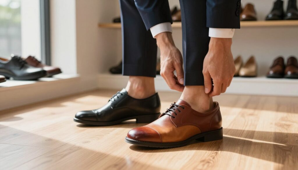 A pair of stylish Badoxx shoes prominently displayed in the foreground, showcasing their modern design and vibrant colors. The shoes are positioned on a polished wooden floor, highlighting their sleek silhouette and intricate details. In the middle ground, a person wearing professional business attire is trying on the shoes, their expression illustrating comfort and satisfaction. Soft, natural light filters through a nearby window, casting gentle shadows that enhance the contours of the shoes and the wearer’s feet. In the background, a minimalist, well-arranged shoe store scene hints at a variety of Badoxx products, with neutral tones that emphasize the vibrant shoes. The atmosphere is inviting and professional, perfect for illustrating comfort, functionality, and user adaptability. A pair of stylish Badoxx shoes prominently displayed in the foreground, showcasing their modern design and vibrant colors. The shoes are positioned on a polished wooden floor, highlighting their sleek silhouette and intricate details. In the middle ground, a person wearing professional business attire is trying on the shoes, their expression illustrating comfort and satisfaction. Soft, natural light filters through a nearby window, casting gentle shadows that enhance the contours of the shoes and the wearer’s feet. In the background, a minimalist, well-arranged shoe store scene hints at a variety of Badoxx products, with neutral tones that emphasize the vibrant shoes. The atmosphere is inviting and professional, perfect for illustrating comfort, functionality, and user adaptability.