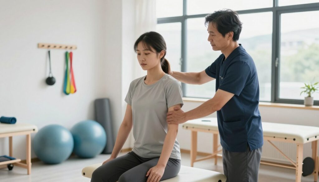 A physiotherapist engaged in a session with a patient in a bright, modern clinic. The foreground features the physiotherapist, a middle-aged person in smart casual attire, demonstrating an exercise with supportive guidance. The patient, a young adult, is dressed in comfortable workout clothing, focused on the activity. In the middle ground, physiotherapy equipment like exercise balls, resistance bands, and a treatment table can be seen. The background showcases large windows allowing natural light to pour in, enhancing the positive atmosphere. The ambiance is professional yet warm, reflecting a supportive environment. Soft, diffused lighting accentuates the dedicated expressions of both the physiotherapist and the patient, creating a mood of collaboration and care.