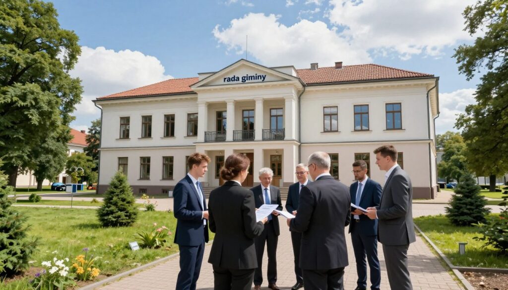 A picturesque view of a municipal office building representing the "rada gminy," surrounded by lush greenery and well-maintained pathways. In the foreground, a group of diverse professionals in business attire are engaged in a discussion, possibly reviewing documents related to municipal salaries. The middle ground features the elegant façade of the office, with classic architecture and large windows reflecting the bright daylight. In the background, a clear blue sky with fluffy white clouds enhances the optimistic atmosphere. The scene is well-lit, capturing a sense of professionalism and community engagement. Use a wide-angle lens to emphasize the grandeur of the building and the collaborative spirit among the participants. The mood is focused, highlighting the importance of governance and salary discussions within a local government setting.