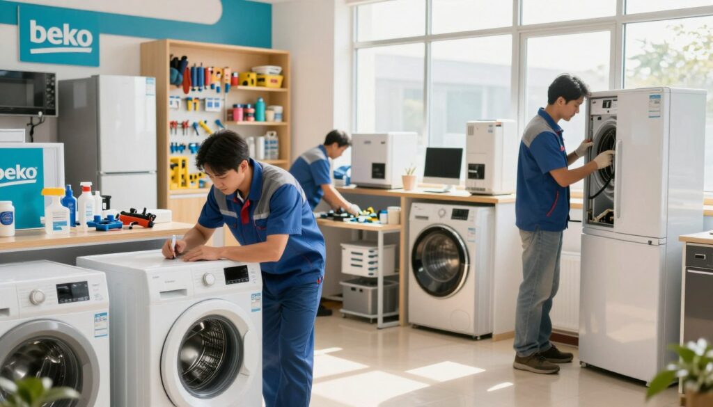 A professional Beko service center, showcasing an organized workshop with service technicians in smart casual clothing, attentively working on various home appliances. In the foreground, a technician is inspecting a washing machine, while another is repairing a refrigerator. The middle ground features neatly arranged tools and spare parts, emphasizing a sense of order and efficiency. The background includes Beko branding elements on the walls, along with a colorful display of their popular appliances. Natural light streams in from large windows, casting a warm, inviting glow over the scene, creating a friendly and professional atmosphere. Focus on clarity and detail to highlight the service aspect, ensuring it reflects reliability and customer care.